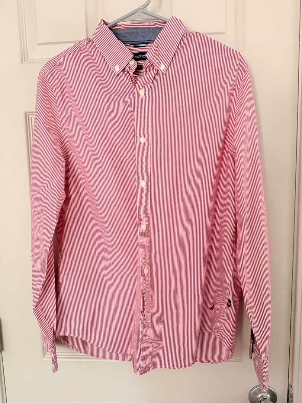 Nautica men’s Red and White Thin-Stripe Button-Down Shirt